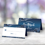 Bar Mitzvah Modern Navy Blue Ombre Silver Agate Place Card<br><div class="desc">No Bar Mitzvah party is complete without personalised place cards. Let your favourite Bar Mitzvah be proud, rejoice and celebrate his milestone at his perfectly coordinated party. Navy blue typography overlays a simple, white background with steel blue agate rocks accented with faux silver veins top and bottom. On the back,...</div>