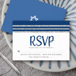Bar Mitzvah Modern Navy Blue Silver Tallit Script RSVP Card<br><div class="desc">Be proud, rejoice and celebrate this milestone of your favourite Bar Mitzvah with this cool, unique, modern, personalised RSVP insert card for your event! Bold, navy blue script typography, Star of David and a navy blue and silver glitter striped tallit inspired graphic overlay a simple, white background. Personalise the custom...</div>