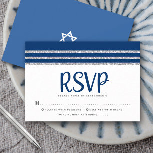 Bar Mitzvah Modern Navy Blue Silver Tallit Script RSVP Card