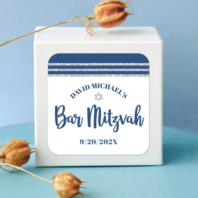 Bar Mitzvah Modern Navy Blue Silver Tallit Script  Square Sticker (Creator Uploaded)