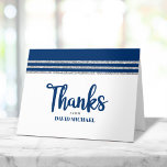 Bar Mitzvah Modern Navy Blue Silver Tallit Script  Thank You Card<br><div class="desc">Make sure your favourite Bar Mitzvah shows his appreciation to all who supported his milestone event! Send out this cool, unique, modern, personalised thank you card. Bold, navy blue script typography, Star of David and a navy blue and silver glitter striped tallit inspired graphic overlay a simple, white background. Another...</div>