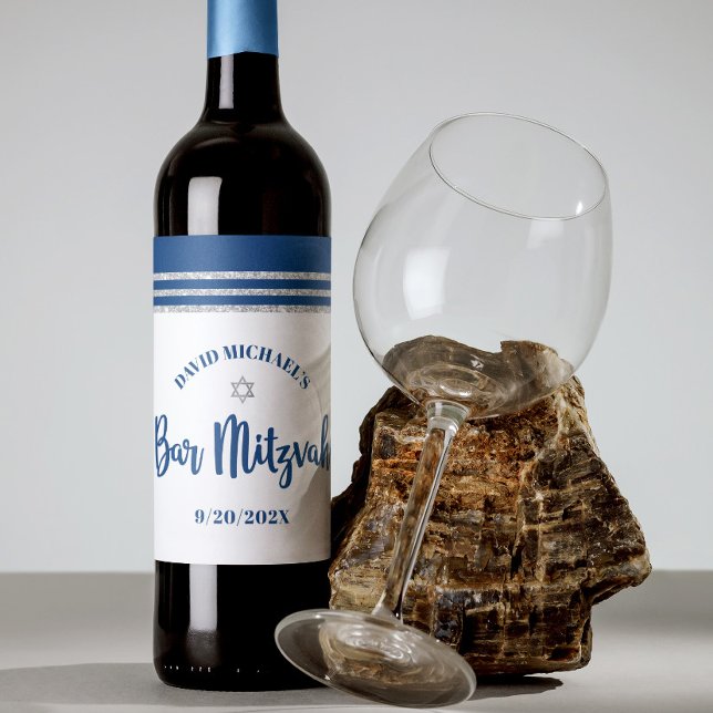Bar Mitzvah Modern Navy Blue Silver Tallit Script  Wine Label (Creator Uploaded)