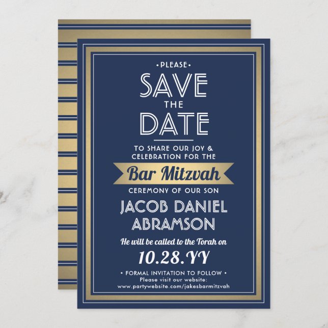 Bar Mitzvah Modern Navy Blue White Faux Gold Save The Date (Front/Back)