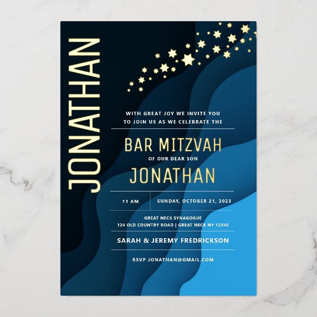 Bar Mitzvah Modern Navy Waves REAL GOLD Foil (Front)