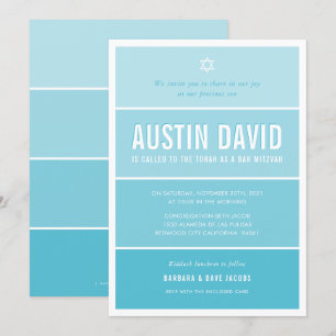 BAR MITZVAH modern ombre gradient bright sky blue Invitation