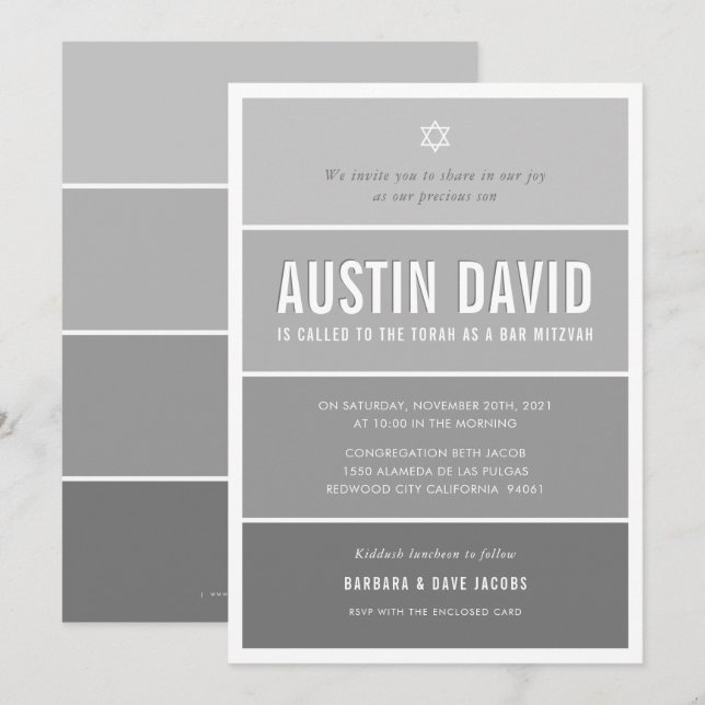 BAR MITZVAH modern ombre gradient medium grey grey Invitation (Front/Back)