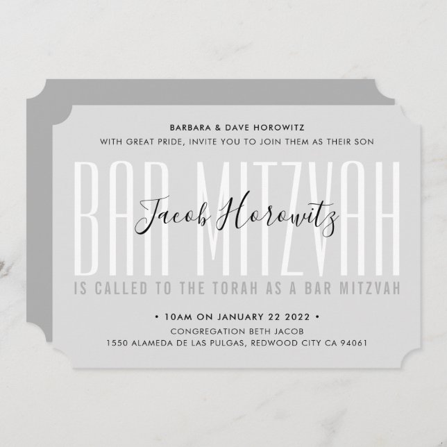 BAR MITZVAH modern overlay typography boy grey Invitation (Front/Back)