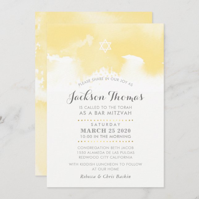 BAR MITZVAH modern pale yellow grey watercolor Invitation (Front/Back)