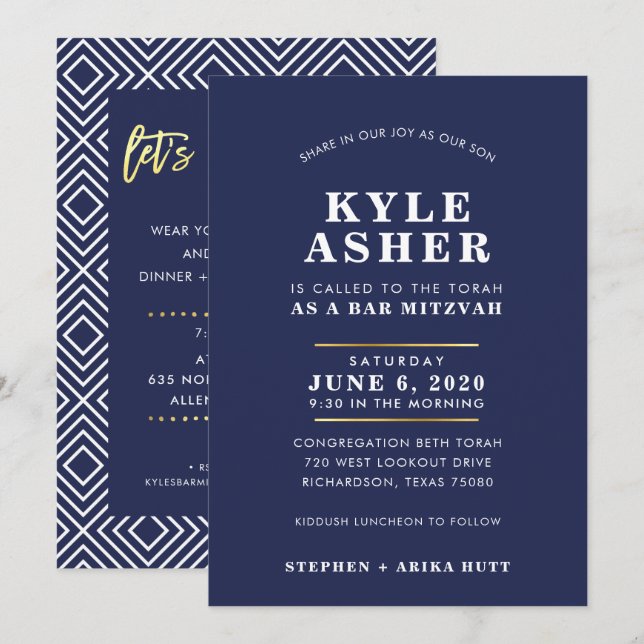 Bar Mitzvah modern plain navy blue white Invitation (Front/Back)