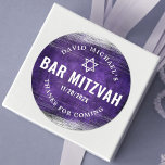 Bar Mitzvah Modern Purple Watercolor Silver Foil  Classic Round Sticker<br><div class="desc">Be proud, rejoice and showcase this milestone of your favourite Bar Mitzvah! Use this cool, unique, modern, personalised sticker to add to his special day. Metallic silver foil brush strokes and Star of David, along with bold, white typography, overlay a rich, dark purple ombre watercolor background. Personalise the custom text...</div>