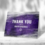 Bar Mitzvah Modern Purple Watercolor Silver Foil  Thank You Card<br><div class="desc">Make sure your favourite Bar Mitzvah shows his appreciation to all who supported his milestone event! Send out this cool, unique, modern, personalised thank you card. Metallic silver foil brush strokes and Star of David, along with bold, white typography, overlay a rich, dark purple ombre watercolor background. Your custom message,...</div>