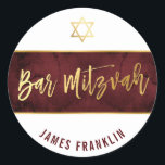 BAR MITZVAH modern red maroon watercolor gold type Classic Round Sticker<br><div class="desc">by kat massard >>> WWW.SIMPLYSWEETPAPERIE.COM <<< *** NOTE - THE SHINY GOLD FOIL EFFECT IS A PRINTED PICTURE *** - - - - - - - - - - - - - - - - - - - - - - - - - - - - - - - -...</div>