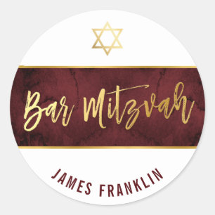 BAR MITZVAH modern red maroon watercolor gold type Classic Round Sticker