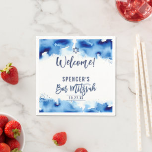 BAR MITZVAH modern script dark blue watercolor Napkin