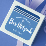 Bar Mitzvah Modern Silver Blue Tallit Bold Script Square Sticker<br><div class="desc">Be proud, rejoice and showcase this milestone of your favourite Bar Mitzvah! Use this cool, unique, modern, personalised sticker to add to his special day. Bold, white script typography, Star of David and a navy blue and silver glitter striped tallit inspired graphic overlay a simple, cornflower blue background. Personalise the...</div>