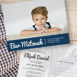 Bar Mitzvah Modern Simple Custom Photo Invitation Postcard<br><div class="desc">Design is composed of sans serif typography and playful cursive script typography on a simple background. Add a custom horizontal photo.

Available here:
http://www.zazzle.com/store/selectpartysupplies</div>