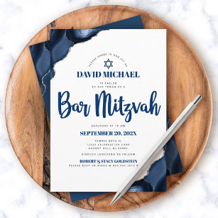 Bar Mitzvah Modern Simple Navy Blue Agate Script   Invitation