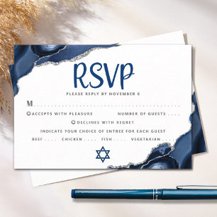 Bar Mitzvah Modern Simple Navy Blue Agate Script RSVP Card