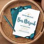Bar Mitzvah Modern Simple Turquoise Agate Script Invitation<br><div class="desc">Be proud, rejoice and showcase this milestone of your favourite Bar Mitzvah! Send out this cool, unique, modern, personalised invitation for an event to remember. Dark teal blue script typography and faux gold Star of David overlay simple, clean white background with turquoise blue agate accented with faux gold veins. Personalise...</div>