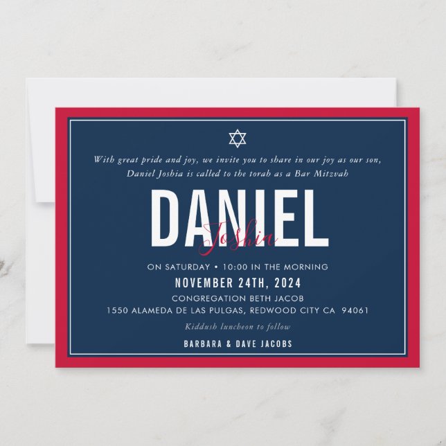 BAR MITZVAH modern sport boy bold red navy blue Invitation (Front)