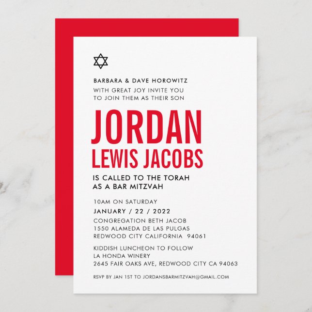 BAR MITZVAH modern star boy black white red  Invitation (Front/Back)
