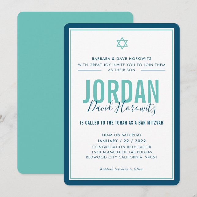 BAR MITZVAH modern star boy blue mint green simple Invitation (Front/Back)