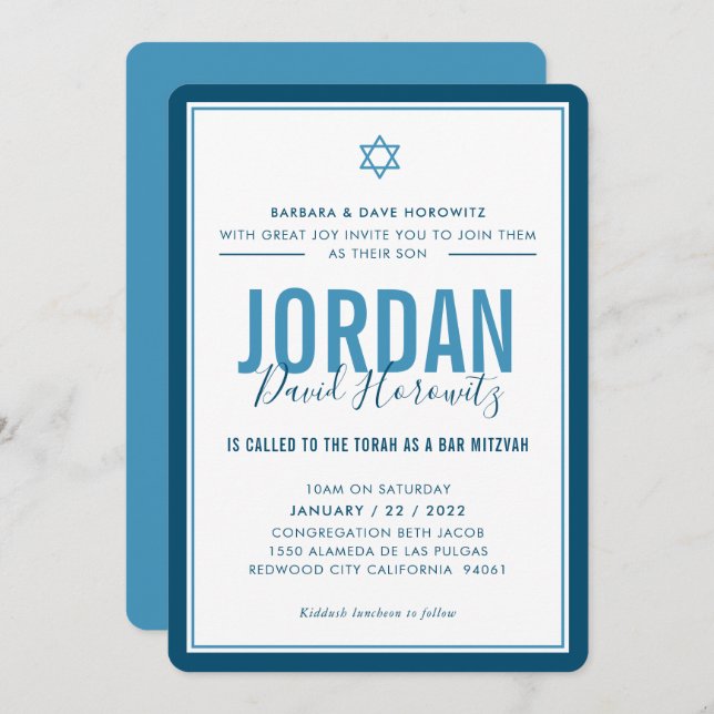 BAR MITZVAH modern star boy denim blue simple Invitation (Front/Back)