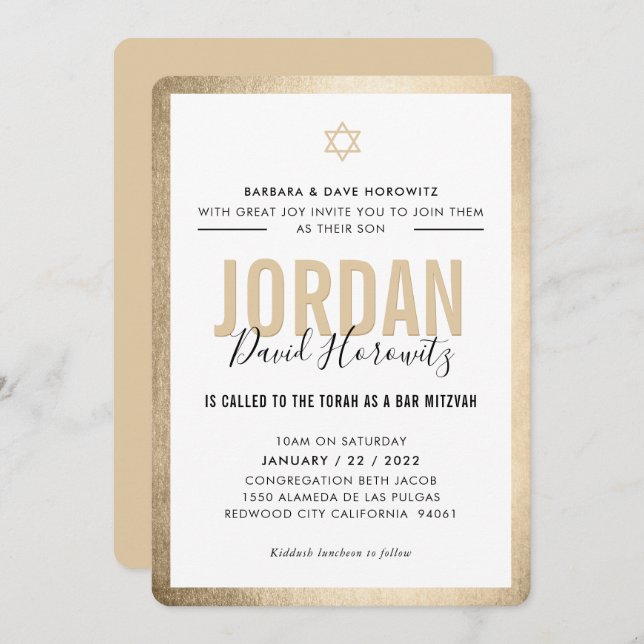 BAR MITZVAH modern star boy gold black simple Invitation (Front/Back)