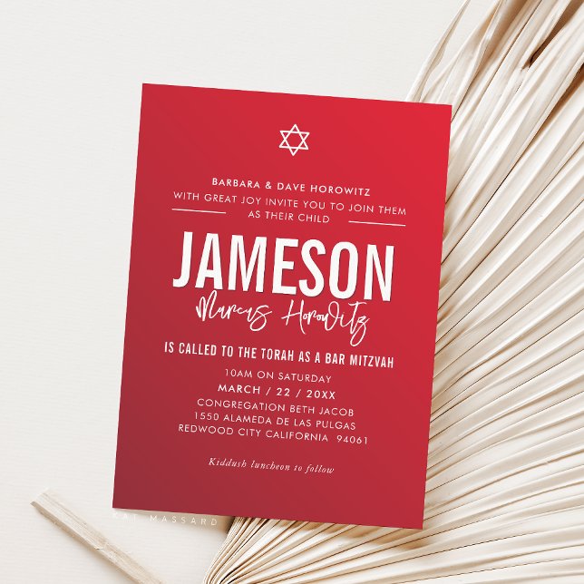 BAR MITZVAH modern star boy red burgundy gradient  Invitation (Creator Uploaded)