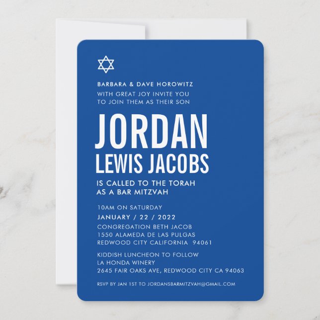 BAR MITZVAH modern star boy royal blue white Invitation (Front)