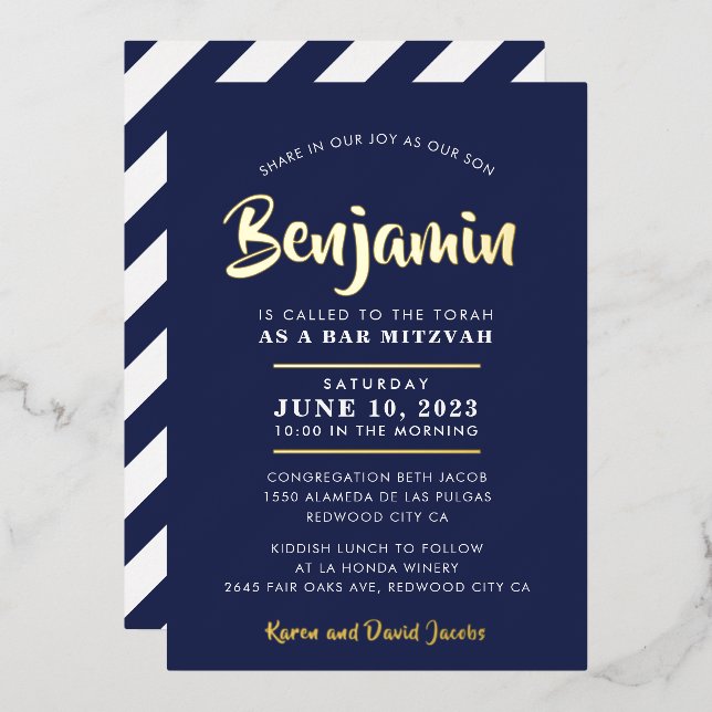 BAR MITZVAH modern stylish calligraphy navy gold (Front/Back)