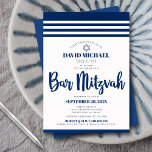 Bar Mitzvah Modern Tallit Navy Script Real Silver<br><div class="desc">Be proud, rejoice and showcase this milestone of your favourite Bar Mitzvah! Send out this cool, unique, modern, personalised invitation for an event to remember. Bold, navy blue script typography, real foil Star of David and a navy blue and real foil silver striped tallit inspired graphic overlay a simple, white...</div>