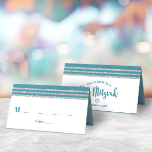 Bar Mitzvah Modern Teal Silver Tallit Bold Script Place Card