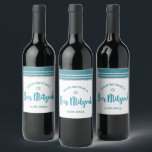 Bar Mitzvah Modern Teal Silver Tallit Bold Script  Wine Label<br><div class="desc">Be proud, rejoice and showcase this milestone of your favourite Bar Mitzvah! Use this cool, unique, modern, personalised wine label to add to his special day. Bold, dusty teal blue green script typography, a silver Star of David and a dusty teal blue green and silver glitter striped tallit inspired graphic...</div>