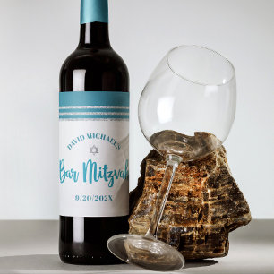 Bar Mitzvah Modern Teal Silver Tallit Bold Script  Wine Label
