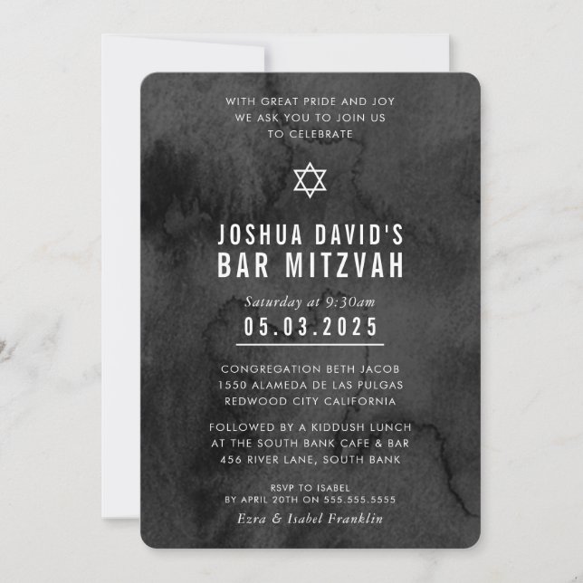 BAR MITZVAH modern trendy moody black watercolor Invitation (Front)