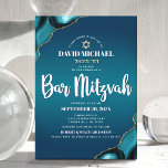 Bar Mitzvah Modern Turquoise Ombre Agate Script Invitation<br><div class="desc">Be proud, rejoice and showcase this milestone of your favourite Bar Mitzvah! Send out this cool, unique, modern, personalised, Hebrew name invitation for an event to remember. White script typography and a faux gold Star of David overlay a deep turquoise teal blue ombre background with turquoise blue agate accented with...</div>