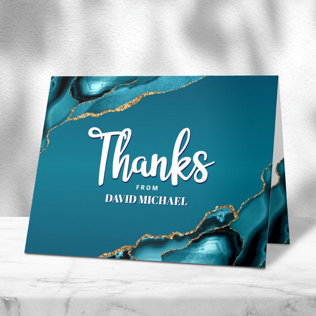 Bar Mitzvah Modern Turquoise Ombre Agate Script Thank You Card (Creator Uploaded)