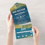 Bar Mitzvah Modern Type Turquoise Gold Foil Party All In One Invitation<br><div class="desc">Be proud, rejoice and showcase this milestone of your favourite Bar Mitzvah! Send out this cool, unique, modern, custom all-in-one invitation for an event to remember. Metallic gold foil brush strokes and navy blue Stars of David along with bold, white typography, overlay a rich, turquoise blue ombre paint background. This...</div>