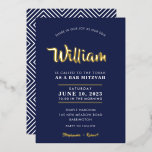 BAR MITZVAH modern typography calligraphy navy<br><div class="desc">by kat massard
Sophisticated invitation with "shiny gold foil" for your child's MITZVAH celebration.
Easy to update the template yourself
Email me for matching items and alternate colour schemes - kat@simplysweetpaperie.com</div>