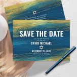 Bar Mitzvah Modern Typography Turquoise Gold Foil Save The Date<br><div class="desc">Make sure all your friends and relatives will be able to celebrate your son’s milestone Bar Mitzvah! Send out this cool, unique, modern, personalised “Save the Date” announcement card. Metallic gold foil brush strokes and Star of David, along with bold, white typography, overlay a rich, turquoise blue ombre paint background....</div>