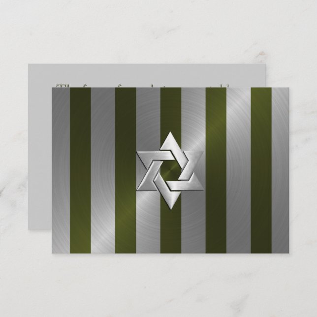 Bar Mitzvah Moss Green and Silver Stripe RSVP Card (Front/Back)