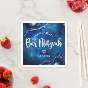Bar Mitzvah Navy Agate Blue Galaxy White Script Napkin