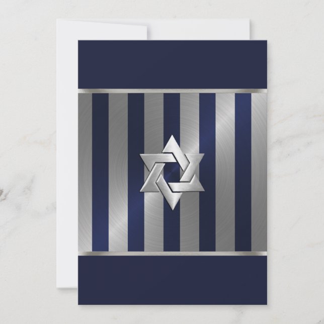 Bar Mitzvah Navy and Silver Stripe Star of David Invitation (Front)