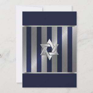 Bar Mitzvah Navy and Silver Stripe Star of David Invitation