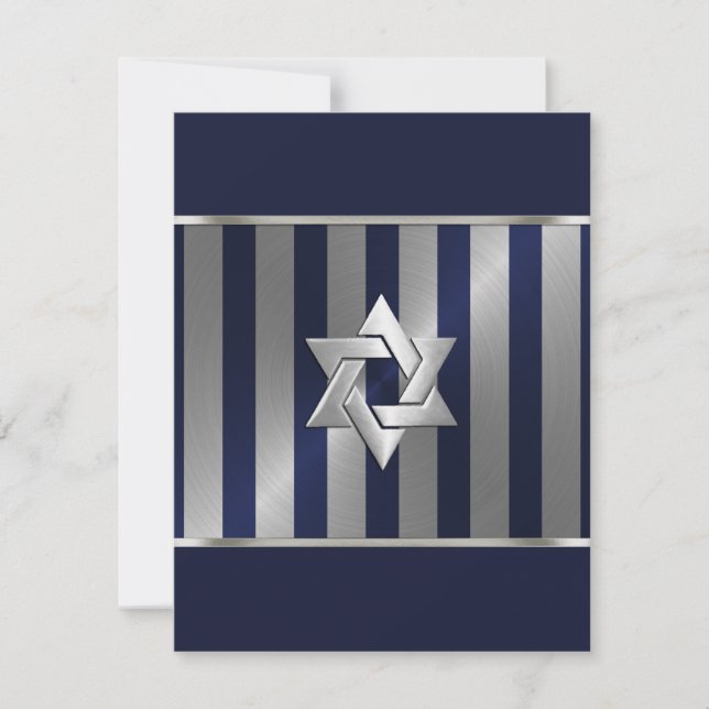 Bar Mitzvah Navy and Silver Stripe Star of David Save The Date (Front)
