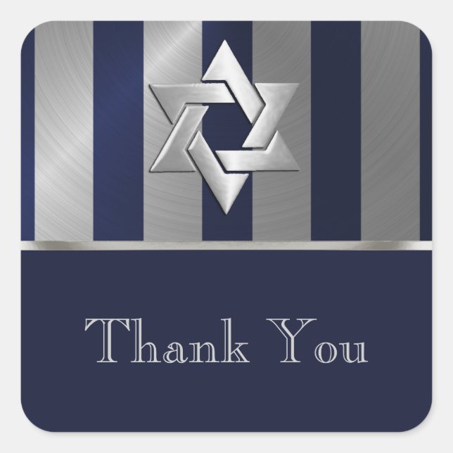 Bar Mitzvah Navy and Silver Stripe Star of David Square Sticker (Front)