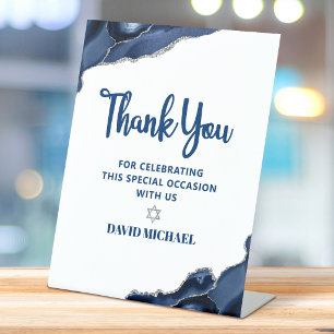 Bar Mitzvah Navy Blue Agate Script Modern Minimal Pedestal Sign