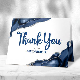 Bar Mitzvah Navy Blue Agate Script Simple Minimal Thank You Card