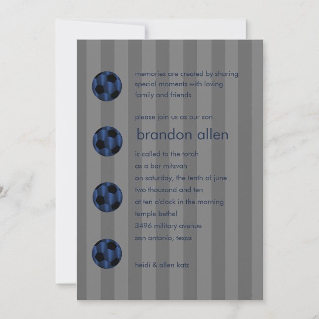 Bar Mitzvah Navy Blue and Black Soccer Ball Invitation (Front)
